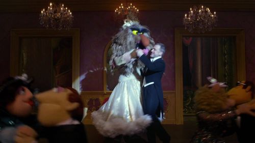 Don Austen, David Rudman, Matt Vogel, Christoph Waltz, Sweetums, William Banyard, and Daisy Beattie in Muppets Most Want