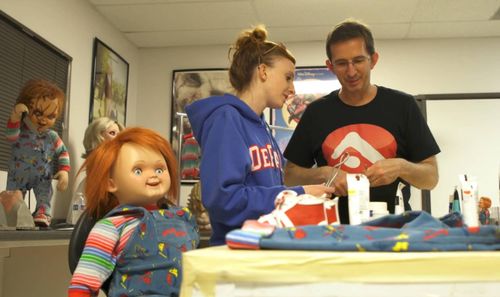 (L to R) Kyra Gardner and Tony Gardner during filming of the Child's Play documentary 