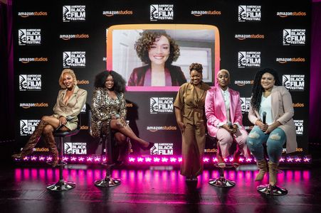 Meagan Good, Latasha Gillespie, Tracy Oliver, and Shoniqua Shandai at an event for Harlem (2021)