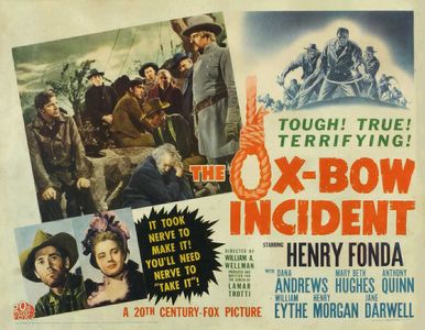 Henry Fonda, Anthony Quinn, Dana Andrews, Jane Darwell, Matt Briggs, Frank Conroy, and Mary Beth Hughes in The Ox-Bow In