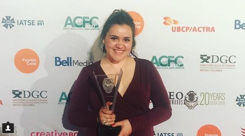 Andy Alvarez with her Leo at 2018 Leo Awards, Winner for Best Student Production for The Butterfly