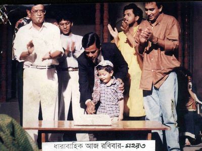 Humayun Ahmed, Zahid Hasan, and Nuhash Humayun at an event for Aaj Robibar (1996)