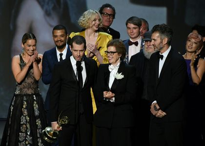 George R.R. Martin, D.B. Weiss, Jacob Anderson, Emilia Clarke, and Gwendoline Christie at an event for The 70th Primetim