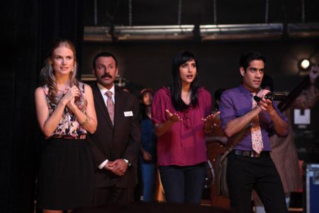 Sacha Dhawan, Rebecca Hazlewood, Rizwan Manji, and Pippa Black in Outsourced (2010)