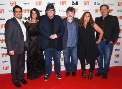 Tia Lessin, Michael Moore, Tom Ortenberg, Carl Deal, Basel Hamdan, and Meghan O'Hara at an event for Fahrenheit 11/9 (20