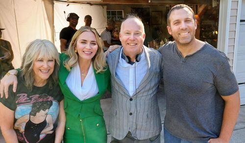 On the set of Pain hustlers w/ Emily Blunt, Catherine O'Hara & Director David Yates.