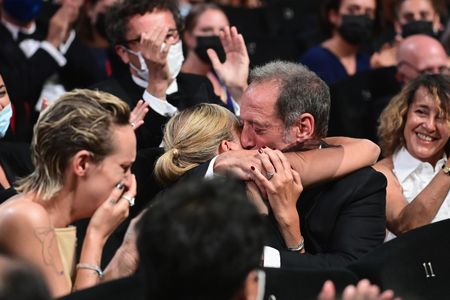 Vincent Lindon, Julia Ducournau, and Agathe Rousselle at an event for Titane (2021)