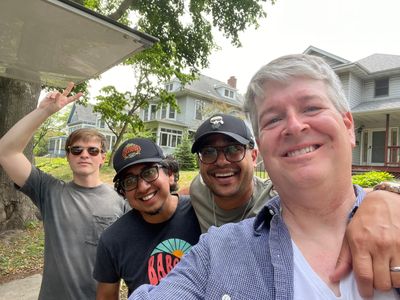 Grabbing some coffee between takes on Adventure Tom with Graham, Miguel and Atit.