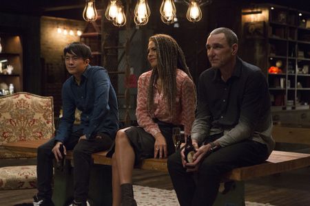 Vinnie Jones, Lenora Crichlow, and Justin Chon in Deception (2018)