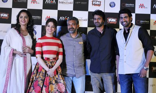 Prabhas, Tamannaah Bhatia, Anushka Shetty, and Rana Daggubati at an event for Baahubali: The Beginning (2015)