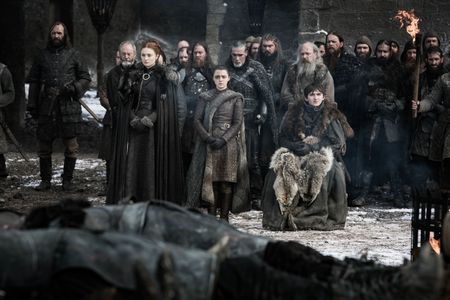 Liam Cunningham, Rory McCann, Maisie Williams, Isaac Hempstead Wright, and Sophie Turner in Game of Thrones (2011)