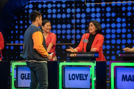 Dingdong Dantes, Lovely Rivero, and Glenda Garcia in Family Feud Philippines (2022)