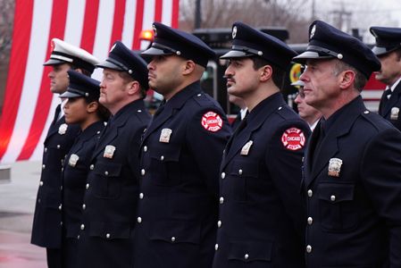 David Eigenberg, Jesse Spencer, Christian Stolte, Monica Raymund, Joe Minoso, and Yuriy Sardarov in Chicago Fire (2012)