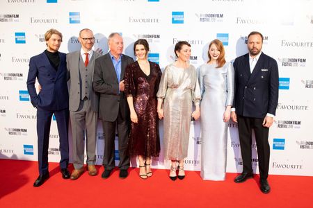 Rachel Weisz, Mark Gatiss, Yorgos Lanthimos, James Smith, Emma Stone, Olivia Colman, and Joe Alwyn at an event for The F