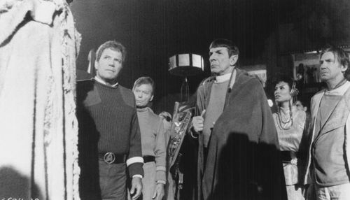 Leonard Nimoy, William Shatner, DeForest Kelley, David Warner, and Cynthia Gouw in Star Trek V: The Final Frontier (1989