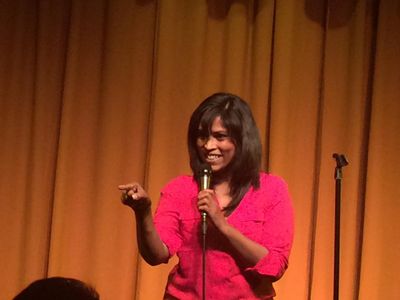 Jo Mani performing stand up at Flappers Comedy in Burbank, CA.