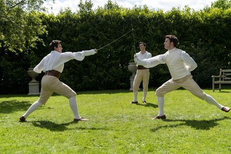 Jonathan Bailey, Luke Thompson, and Luke Newton in Bridgerton: Off to the Races (2022)