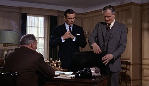 Sean Connery, Desmond Llewelyn, and Bernard Lee in From Russia with Love (1963)