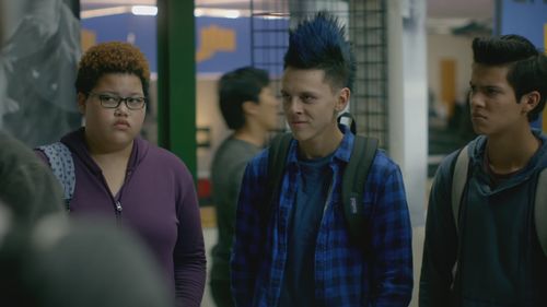 Jacob Bertrand, Xolo Maridueña, and Nichole Brown in Cobra Kai (2018)