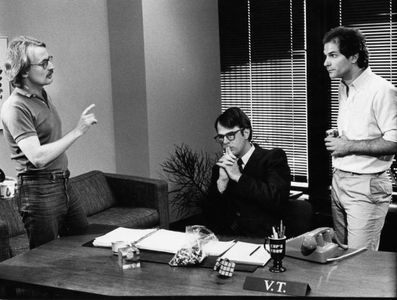 John Davies, Dan Aykroyd & John Kapelos on set of V.T. The Video Tape