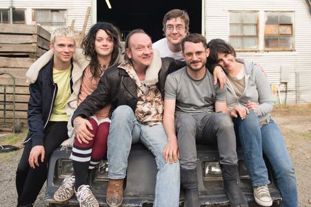 Devon Grey, Jane Levy, David Yow, Macon Blair, Elijah Wood and Melanie Lynskey on the set of I Don't Feel at Home in Thi