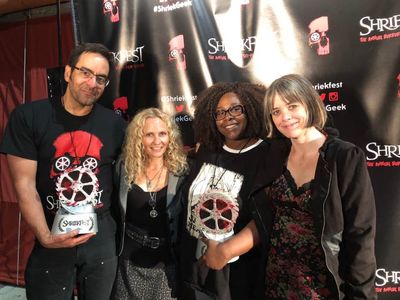 At Shriekfest 2017, winning Best Short Script, with Festival Director Denise Gossett, Winner Best Feature Script Andrea 