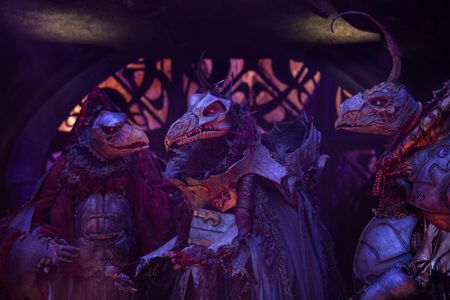 Jason Isaacs, Simon Pegg, Victor Yerrid, Keegan-Michael Key, Dave Chapman, and Warrick Brownlow-Pike in The Dark Crystal