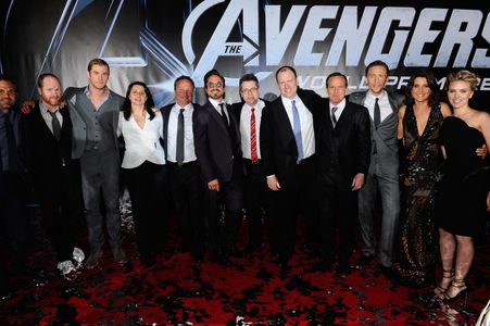 Robert Downey Jr., Victoria Alonso, Clark Gregg, Louis D'Esposito, Kevin Feige, Scarlett Johansson, Mark Ruffalo, Joss W