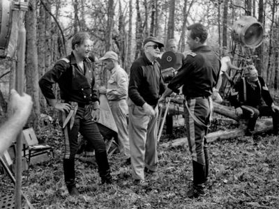 William Holden, John Wayne, John Ford, and Judson Pratt in The Horse Soldiers (1959)