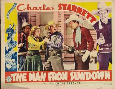 Dick Botiller, Al Bridge, Iris Meredith, and Charles Starrett in The Man from Sundown (1939)