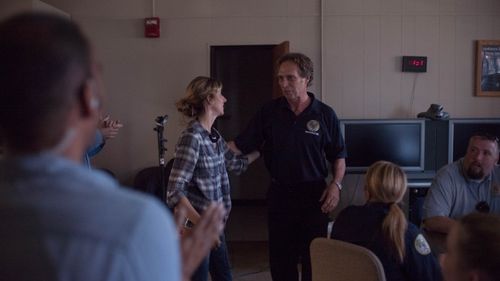 Madeleine Sackler and William Fichtner on the set of O.G.