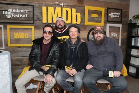 Nicolas Cage, Kevin Smith, Panos Cosmatos, and Linus Roache at an event for Mandy (2018)