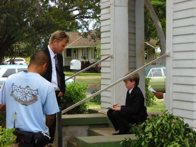 Mark Pellegrino (Jacob) and Keegan Boos (Young Sawyer) on the set of 