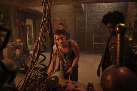 Elijah Wood, Neil Brown Jr., Samuel Barnett, and Jade Eshete in Dirk Gently's Holistic Detective Agency (2016)