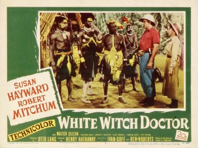 Robert Mitchum, Susan Hayward, Mashood Ajala, Elzie Emanuel, and Joseph C. Narcisse in White Witch Doctor (1953)