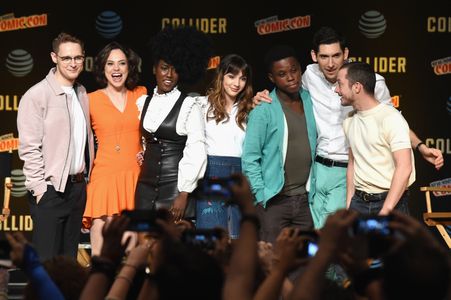 Elijah Wood, Mpho Koaho, Max Landis, Samuel Barnett, Fiona Dourif, Hannah Marks, and Jade Eshete at an event for Dirk Ge