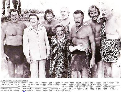 Buster Crabbe, Mike Douglas, Jock Mahoney, Denny Miller, James Pierce, Gordon Scott, Johnny Weissmuller, and Totie Field