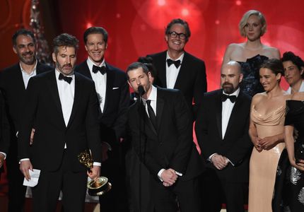 Miguel Sapochnik, David Benioff, D.B. Weiss, Emilia Clarke, and Gwendoline Christie at an event for The 68th Primetime E