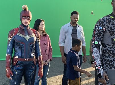 Stephaune on set with the AVENGERS and Cast of Disney's new official commercial for Avengers Campus