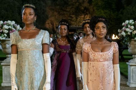 Adjoa Andoh, Shelley Conn, Charithra Chandran, and Simone Ashley in Bridgerton: Capital R Rake (2022)