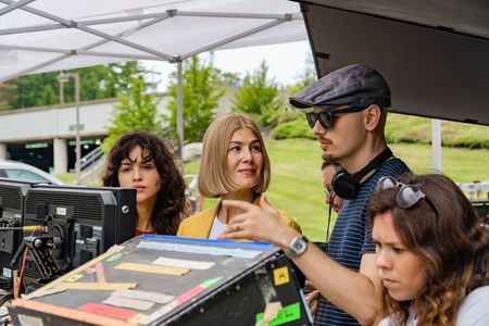 J Blakeson with Rosamund Pike and Eiza González on the set of I CARE A LOT