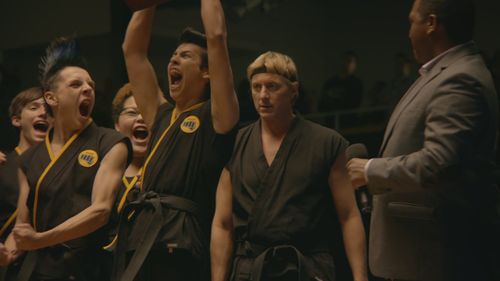 William Zabka, Jacob Bertrand, Xolo Maridueña, and Nichole Brown in Cobra Kai (2018)