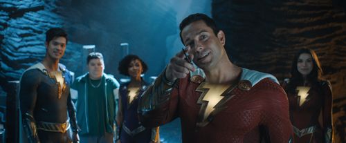 Still image from Shazam! Fury of the Gods of Ross Butler, Jovan Armand, Meagan Good, Zachary Levi, Grace Caroline Currey