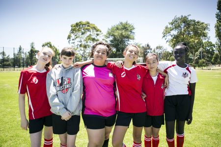 Mustangs FC L-R Lara (Monique Heath) Bella (Molly Broadstock) Liv (Ashleigh Marshall) Marnie (Emmanuelle Mattana) Anusha