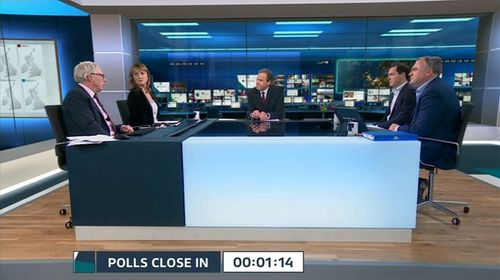 Tom Bradby, George Osborne, Ed Balls, Colin Rallings, and Allegra Stratton in ITV News Election 2019 Live: The Results (