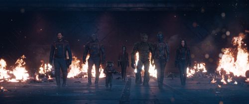 Vin Diesel, Bradley Cooper, Chris Pratt, Zoe Saldana, Dave Bautista, Karen Gillan, and Pom Klementieff in Guardians of t