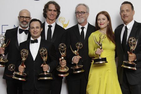 Steven Shareshian, Danny Strong, Jay Roach, Gary Goetzman, Julianne Moore and Tom Hanks at 2012 Emmy Awards