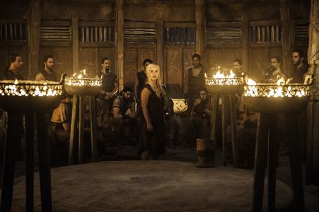 Joseph Naufahu, Tamer Hassan, Junade Khan, Emilia Clarke, Elie Haddad, Darius Dar Khan, and Diogo Sales in Game of Thron