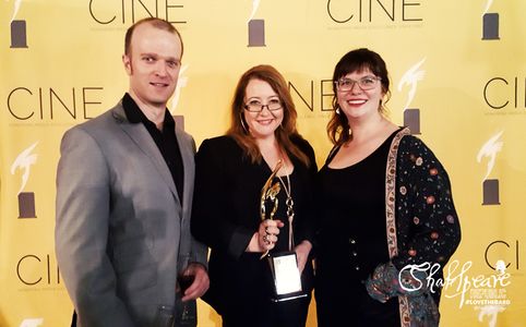 Billy Smedley, Sally McLean & Phoebe Taylor at the 2017 CINE Awards with their award for Best Digital Series for Shakesp