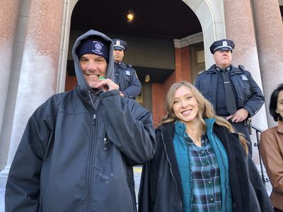 Peter Berg and Alexandra Vino on set of Spencer Confidential for Netflix